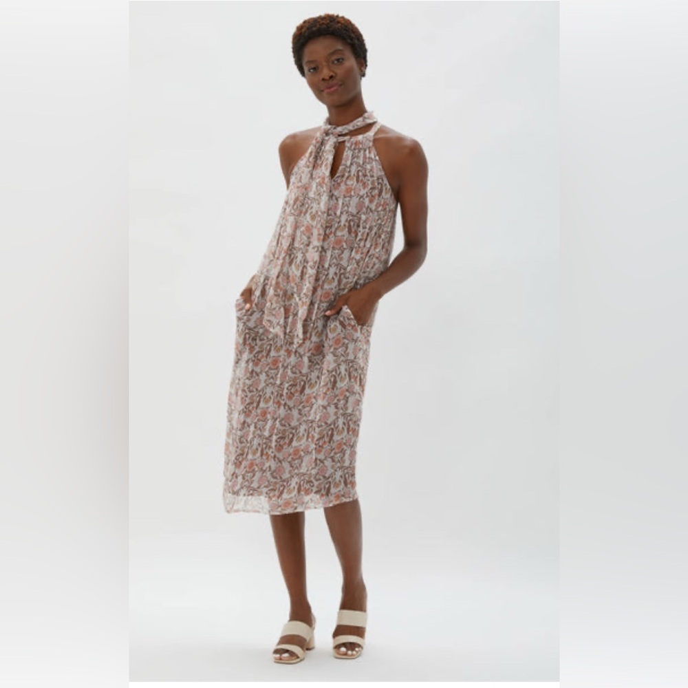 Ecru Floral Midi Dress with Tie Detail